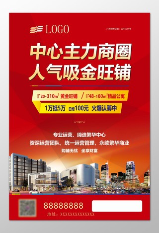 房地产黄金旺铺精品公寓主力商圈红色海报模板